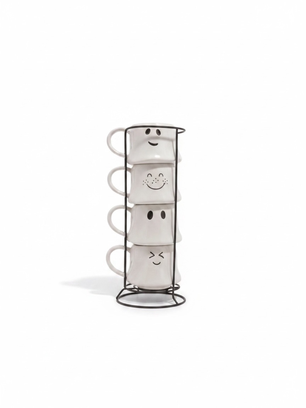 Stackable White Mug Set with Black Wire Rack - Playful Face Design